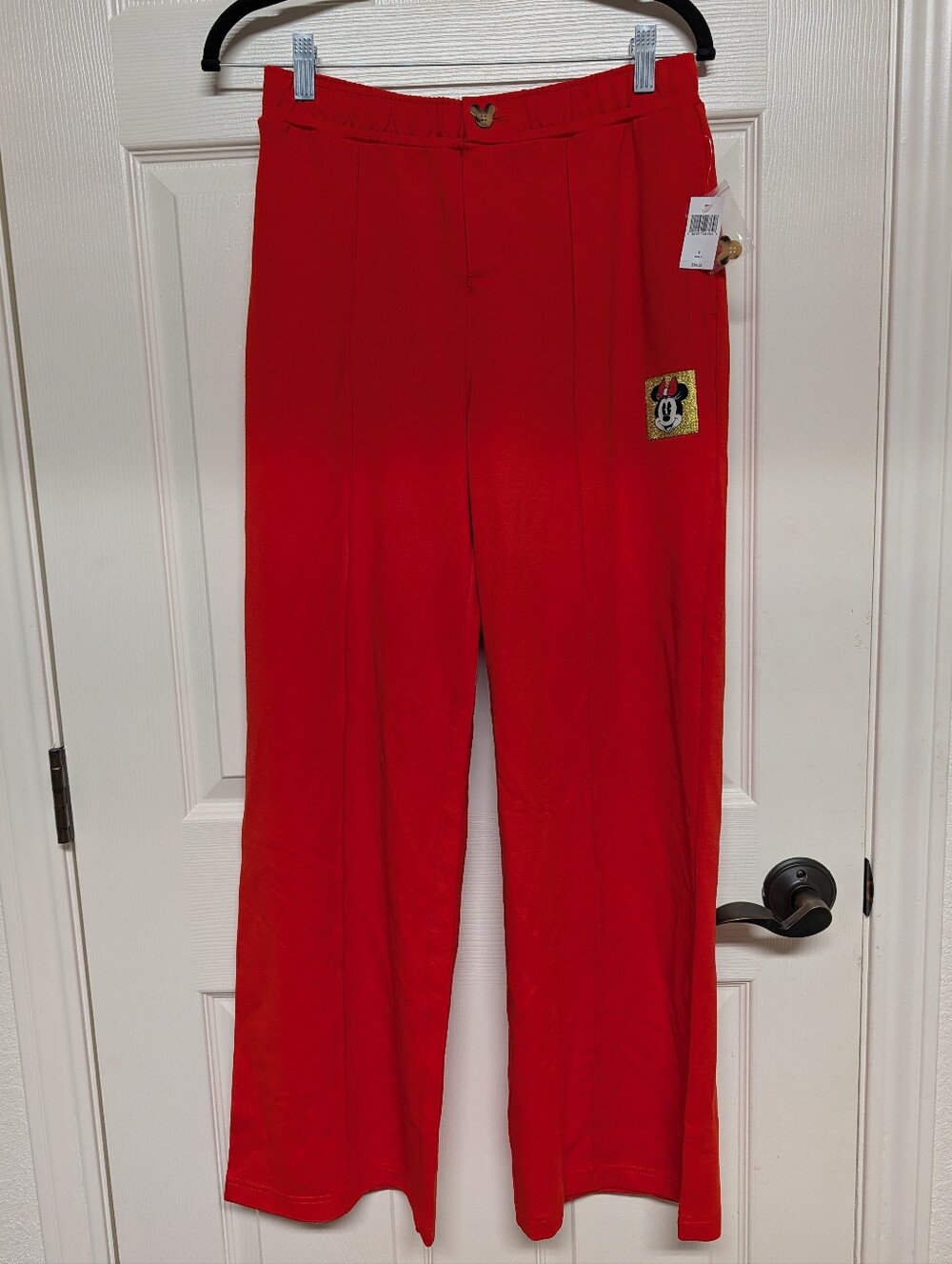 NWT Disney Womens Minnie Mouse Red Knit Wide Leg Sweat Pants Sz Small Glitter